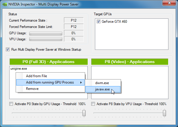 Multi Display Power Saver: Auswahl laufender Prozesse