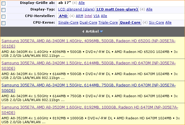 Geizhals-Suche: AMD Llano QuadCore, 17 Zoll matt