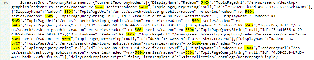 AMD Radeon RX 540X, 550X, 560X, 570X & 580X (im Quelltext von AMDs Webseite)