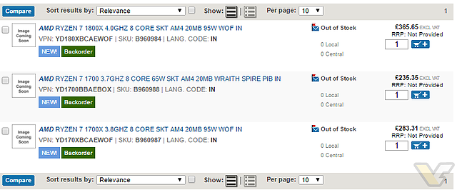 AMD Ryzen 1700, 1700X & 1800X britische Distributoren-Listungen
