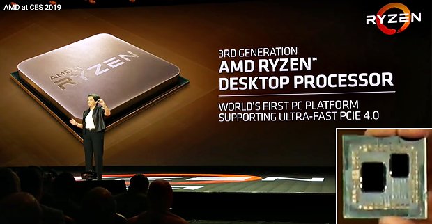 AMD Ryzen 3000 im Chiplet-Design (links größerer I/O-Die, rechts kleinerer Compute-Die mit 8 CPU-Kernen)