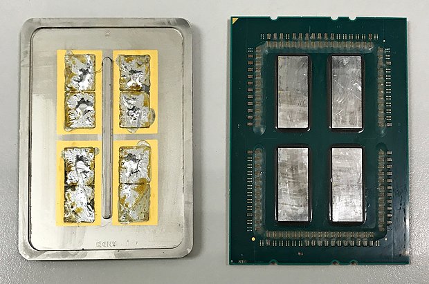 AMD Ryzen Threadripper "geköpft" – Abdeckung (links) & CPU-Package (rechts)