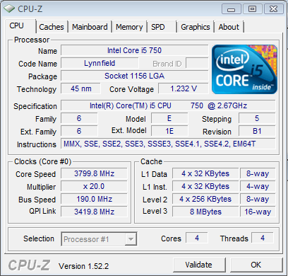 Core i5-750 @ 3.8 GHz CPU-Z