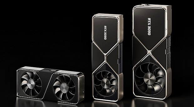 GeForce RTX 3090 FE (rechts) – im Vergleich mit GeForce RTX 3070 FE (links) & GeForce RTX 3080 FE (mitte)