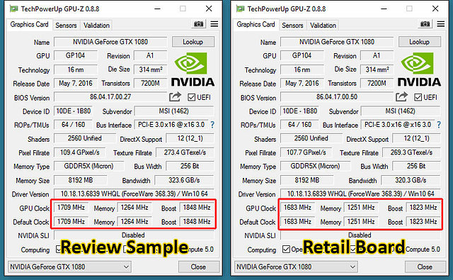 MSI GeForce GTX 1080 Gaming X: Pressesample (links) vs. Retailkarte (rechts)
