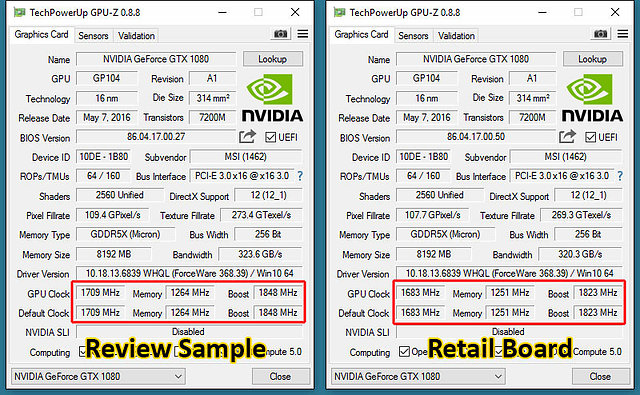 MSI GeForce GTX 1080 Gaming X: Pressesample (links) vs. Retailkarte (rechts)