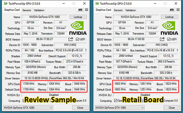 MSI GeForce GTX 1080 Gaming X: Pressesample (links) vs. Retailkarte (rechts)