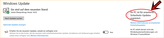 Windows 10 mit Registrierung für das ESU-Programm