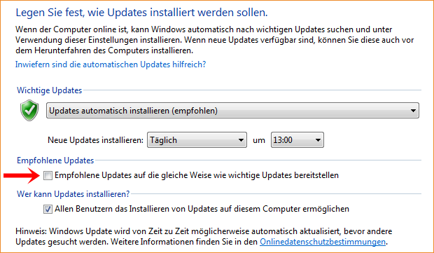 Windows 7: Update-Einstellungen verändern