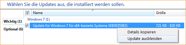 Windows 7: Update KB3035583 ausblenden