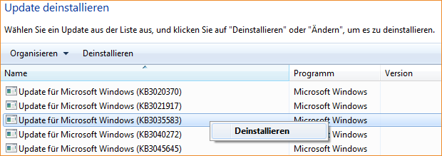 Windows 7: Update KB3035583 deinstallieren