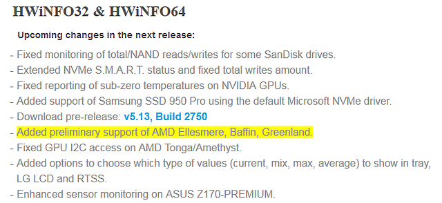 zukünftiger HWiNFO-Support der AMD-Grafikchips Ellesmere, Baffin und Greenland