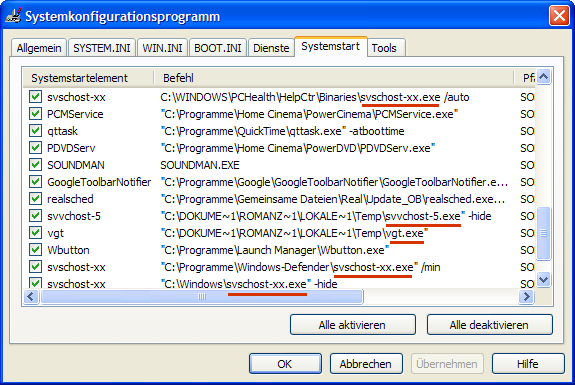 MSConfig eines virenbefallenen Systems