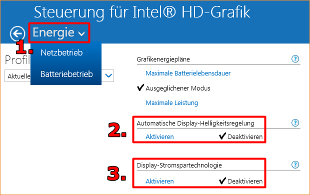 Adaptive Helligkeit im Intel Control-Panel