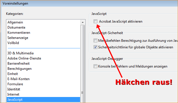 Adobe Acrobat Reader – Javascript deaktivieren