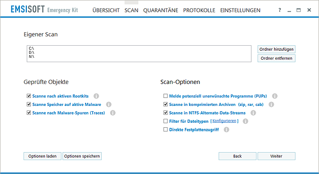 Emsisoft Emergency Kit - Scanoptionen