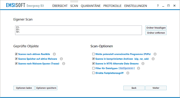 Emsisoft Emergency Kit – Scanoptionen