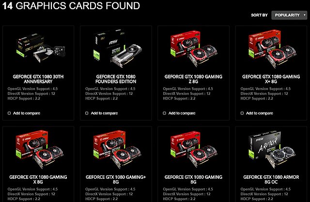 MSI Produkt-Portfolio an GeForce GTX 1080 Grafikkarten (US-Webseite)