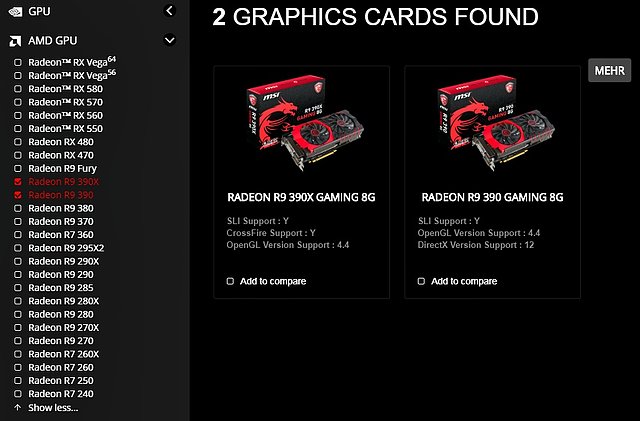 MSI Produkt-Portfolio an Radeon R9 390/390X Grafikkarten (DE-Webseite)