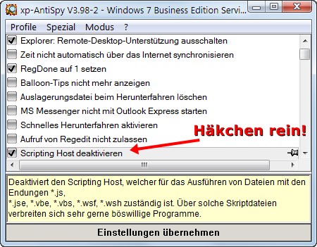 xp-AntiSpy: Windows Scripting Host deaktivieren
